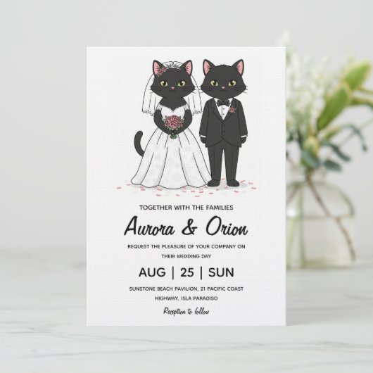 Elegant black cat wedding invitation kaart (Staand voorkant)