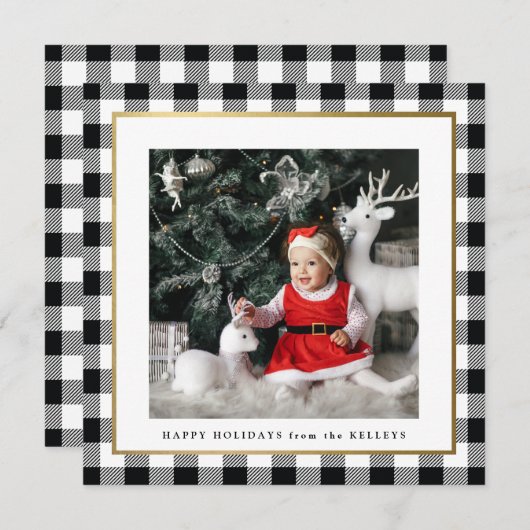 Elegant Black Check Framed 1 Photo Square Feestdagenkaart (Voorkant / Achterkant)