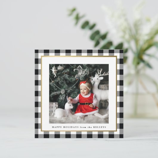 Elegant Black Check Framed 1 Photo Square Feestdagenkaart (Staand voorkant)