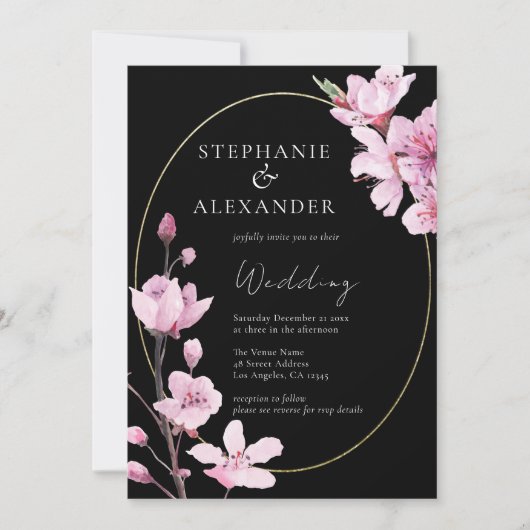 Elegant Black Cherry Blossom QR Code Weddenschap Kaart (Voorkant)