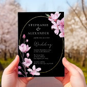 Elegant Black Cherry Blossom QR Code Weddenschap Kaart