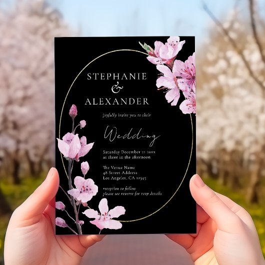 Elegant Black Cherry Blossom QR Code Weddenschap Kaart