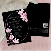 Elegant Black Cherry Blossom QR Code Weddenschap Kaart