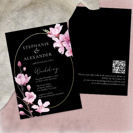 Elegant Black Cherry Blossom QR Code Weddenschap Kaart