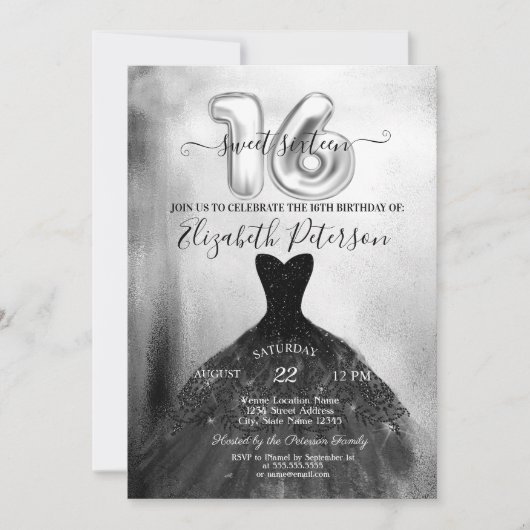 Elegant Black Chic Dress Silver Sweet 16 Party Kaart (Voorkant)