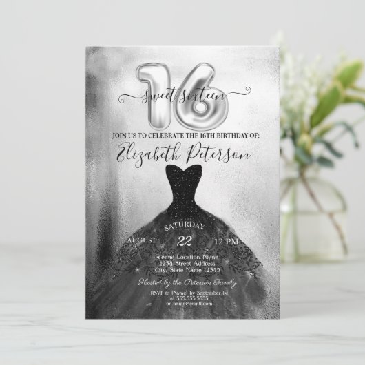 Elegant Black Chic Dress Silver Sweet 16 Party Kaart (Staand voorkant)