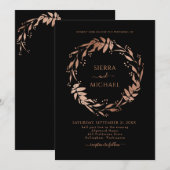 Elegant Black Chic Roos Gold Wreath Wedding Kaart (Voorkant / Achterkant)