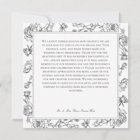 Elegant Black Chinoiserie Bird & Crest Wedding Bedankkaart (Achterkant)