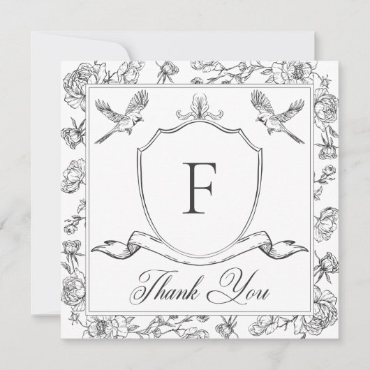 Elegant Black Chinoiserie Bird & Crest Wedding Bedankkaart (Voorkant)