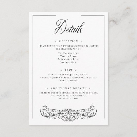 Elegant Black Chinoiserie Bird Crest Wedding Informatiekaartje (Voorkant)