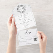 Elegant Black Chinoiserie Bird Crest Wedding QR All In One Uitnodiging (Afscheurbaar)