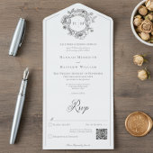 Elegant Black Chinoiserie Bird Crest Wedding QR All In One Uitnodiging