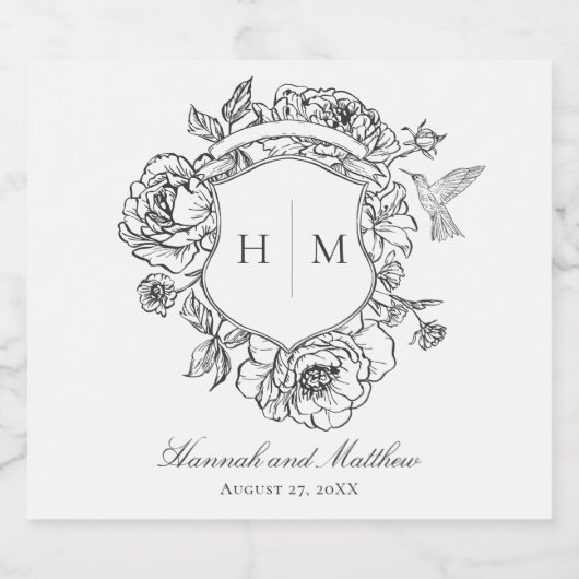 Elegant Black Chinoiserie Bird Crest Wedding Sparkling Wijnetiket (Enkel label)