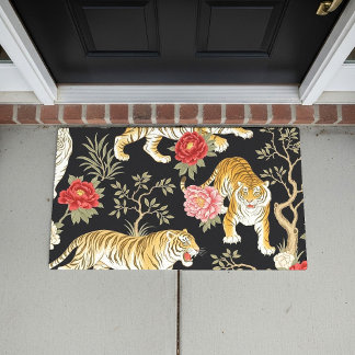 Elegant Black Chinoiserie Tiger and Peony Pattern Deurmat