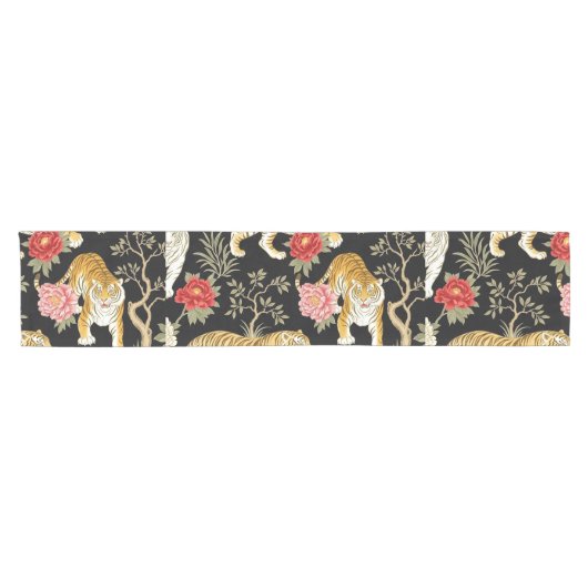 Elegant Black Chinoiserie Tiger and Peony Pattern Korte Tafelloper (Horizontaal)