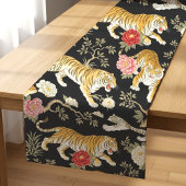 Elegant Black Chinoiserie Tiger and Peony Pattern Korte Tafelloper