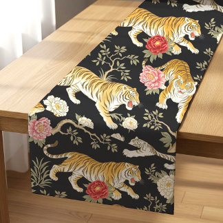 Elegant Black Chinoiserie Tiger and Peony Pattern Korte Tafelloper