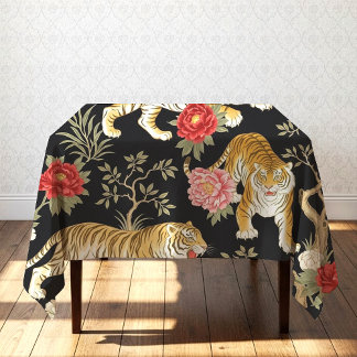 Elegant Black Chinoiserie Tiger and Peony Pattern Tafelkleed