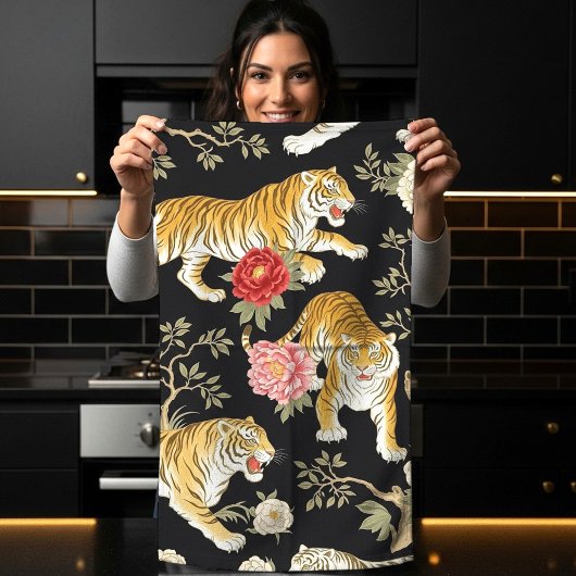 Elegant Black Chinoiserie Tiger and Peony Pattern Theedoek
