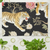 Elegant Black Chinoiserie Tiger and Peony Pattern Theedoek (Gevouwen)