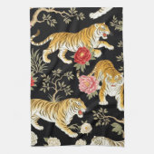 Elegant Black Chinoiserie Tiger and Peony Pattern Theedoek (Verticaal)