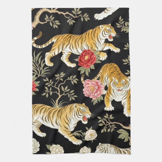 Elegant Black Chinoiserie Tiger and Peony Pattern Theedoek (Verticaal)