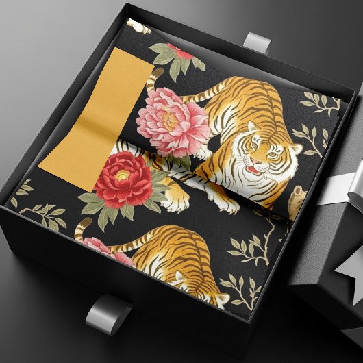 Elegant Black Chinoiserie Tiger and Peony Pattern Tissuepapier