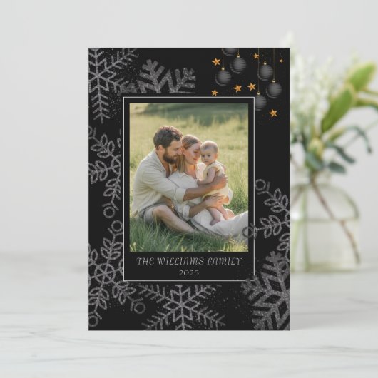 Elegant Black Christmas Greenery Wreath 4 Photo Ho Feestdagenkaart (Staand voorkant)