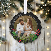 Elegant Black Christmas Greenery Wreath Photo Ornament Kaart