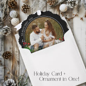 Elegant Black Christmas Greenery Wreath Photo Ornament Kaart