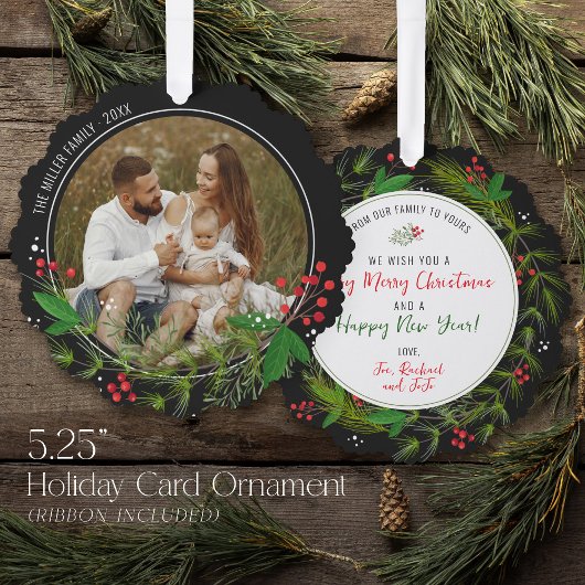 Elegant Black Christmas Greenery Wreath Photo Ornament Kaart