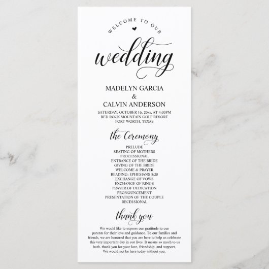 Elegant Black Classy Script, Wedding Ceremonie Programmakaart (Voorkant)