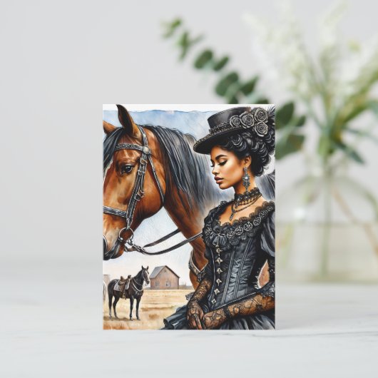 Elegant Black Cowgirl With Horse Postcard Briefkaart (Staand voorkant)