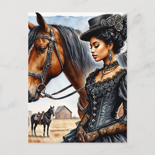Elegant Black Cowgirl With Horse Postcard Briefkaart (Voorkant)