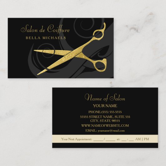 Elegant Black Curls Faux Gold Scissors Hair Salon Afsprakenkaartje (Voorkant / Achterkant)