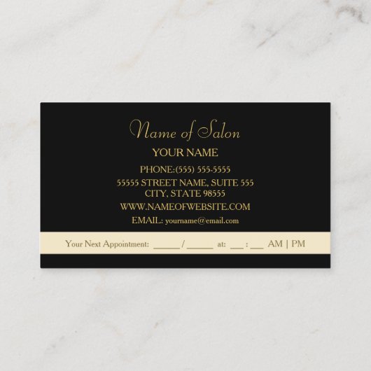 Elegant Black Curls Faux Gold Scissors Hair Salon Afsprakenkaartje (Achterkant)