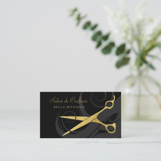 Elegant Black Curls Faux Gold Scissors Hair Salon Afsprakenkaartje (Staand voorkant)