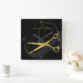 Elegant Black Curls Faux Gold Scissors Hair Salon Vierkante Klok (Huis)