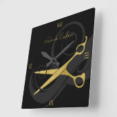 Elegant Black Curls Faux Gold Scissors Hair Salon Vierkante Klok (Hoek)