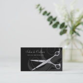 Elegant Black Curls Silver Scissors Hair Salon Afsprakenkaartje (Staand voorkant)
