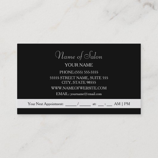 Elegant Black Curls Silver Scissors Hair Salon Afsprakenkaartje (Achterkant)