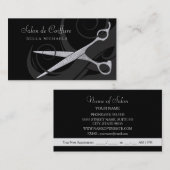Elegant Black Curls Silver Scissors Hair Salon Afsprakenkaartje (Voorkant / Achterkant)