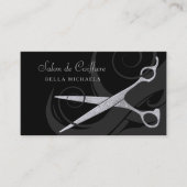 Elegant Black Curls Silver Scissors Hair Salon Afsprakenkaartje (Voorkant)
