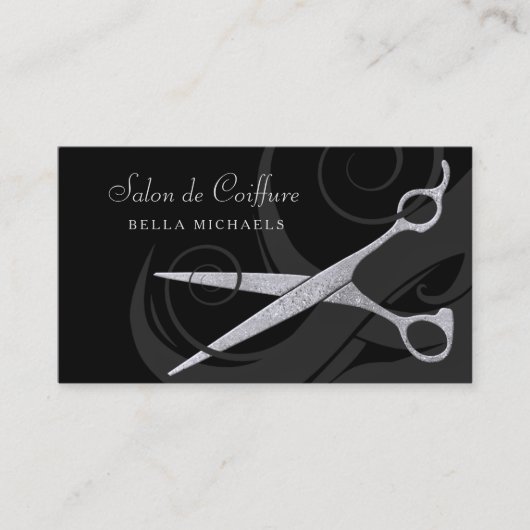 Elegant Black Curls Silver Scissors Hair Salon Afsprakenkaartje (Voorkant)