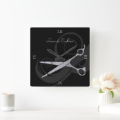 Elegant Black Curls Silver Scissors Hair Salon Vierkante Klok (Huis)