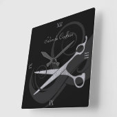 Elegant Black Curls Silver Scissors Hair Salon Vierkante Klok (Hoek)