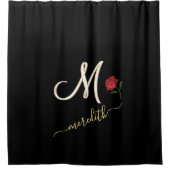 Elegant Black Custom Monogram Name Red Rose Douchegordijn (Voorkant)