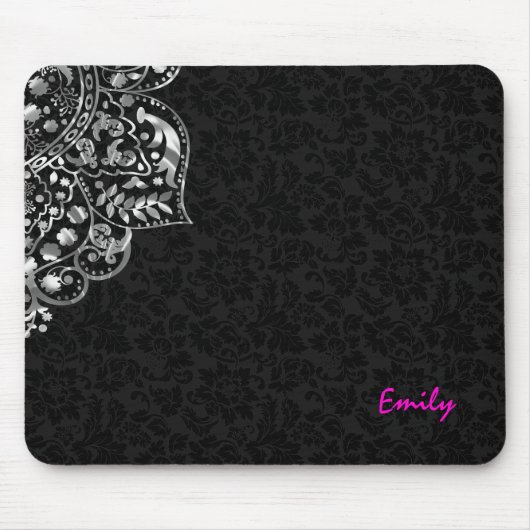 Elegant Black Damascus Silver Metallic kant Muismat (Voorkant)