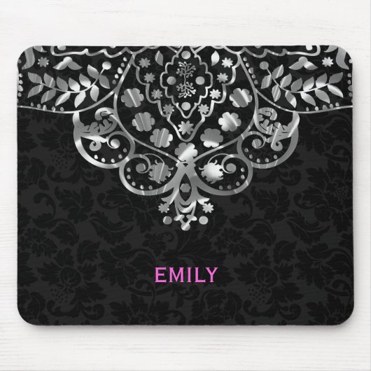 Elegant Black Damascus Silver Metallic  kant Muismat (Voorkant)