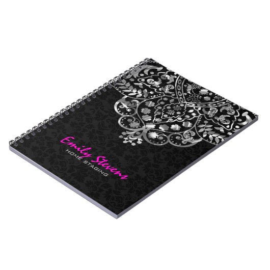 Elegant Black Damascus Silver Metallic  kant Notitieboek (Linkerzijde)